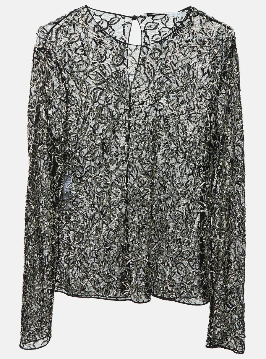 Christian Dior Black Sequin Embellished Mesh Sheer Long Sleeves Top L