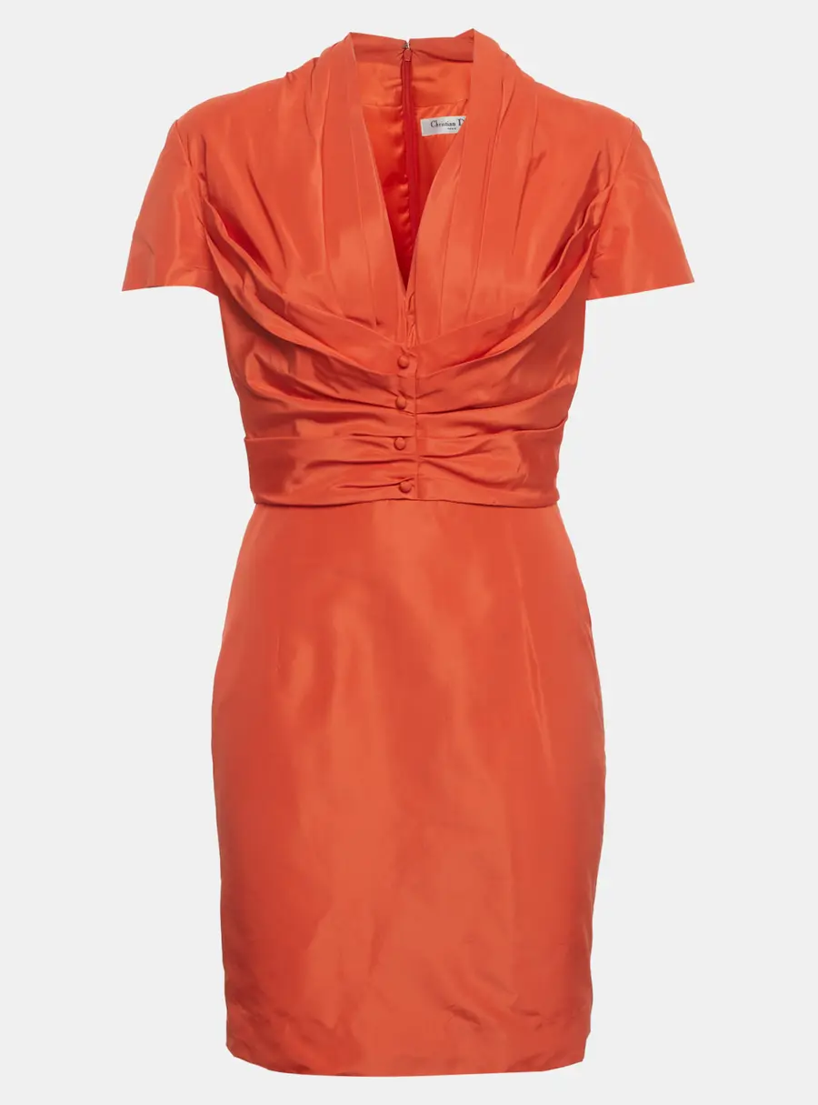 Christian Dior Orange Pleated Sateen V-Neck Mini Dress L