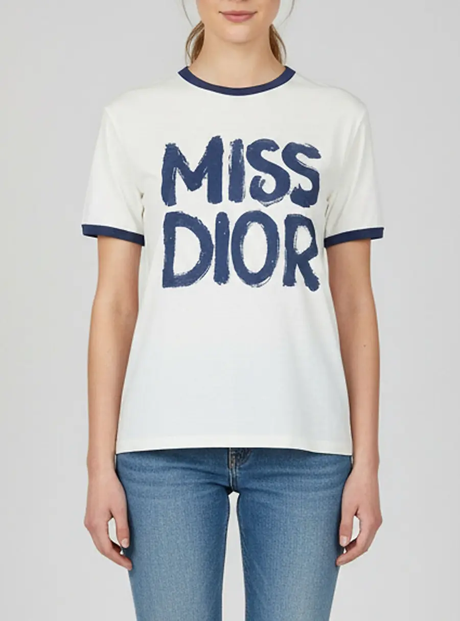 Christian Dior White/Blue Miss Dior Print Cotton & Linen T-Shirt L