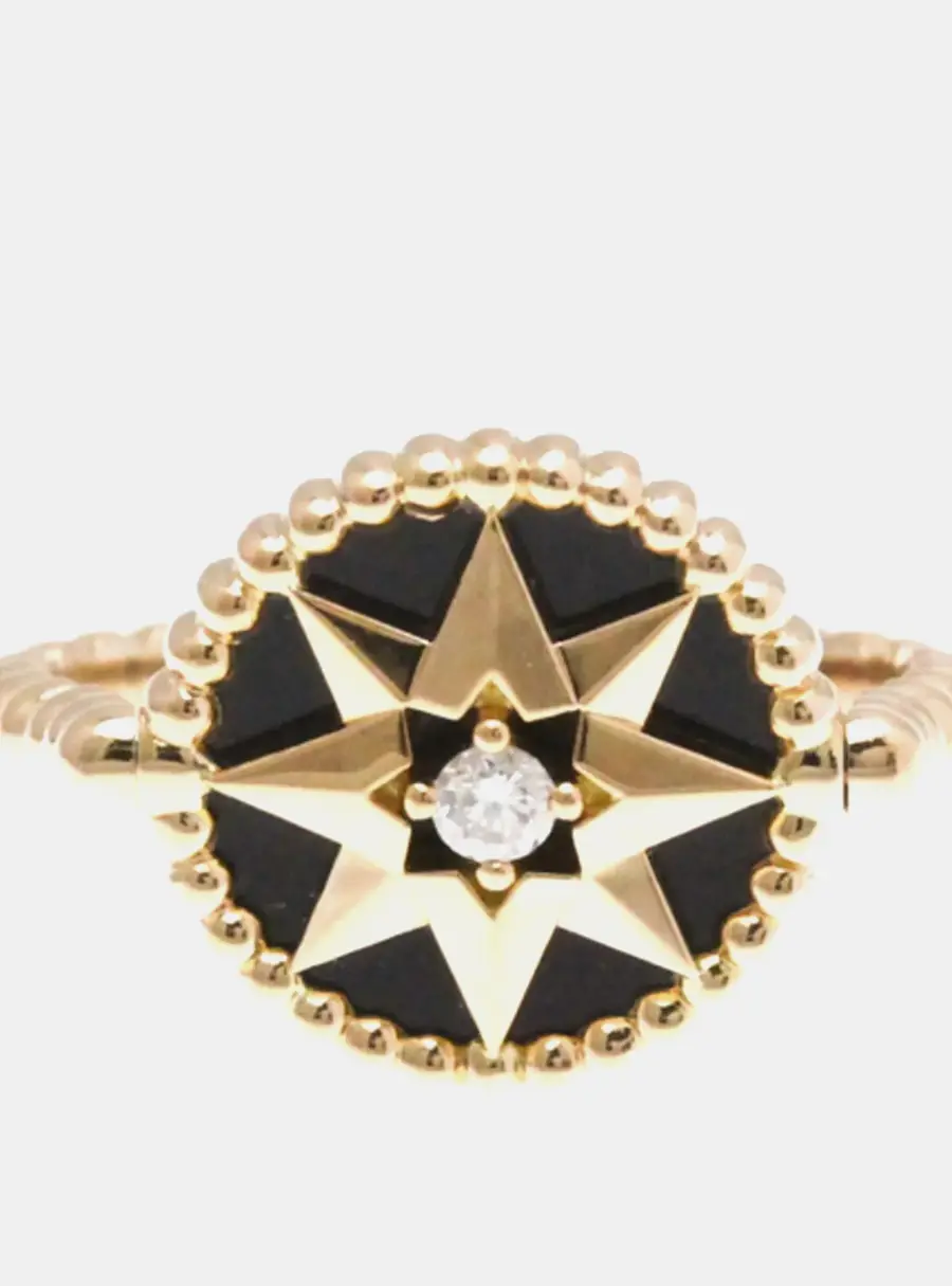 Christian Dior Rose des Vents 18k Pink Gold Onyx Diamond Women's Ring Size 50