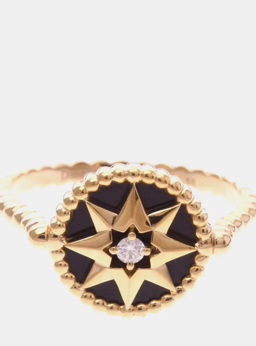 Christian Dior Rose Des Vents 18K Pink Gold Diamond Onyx Band Ring EU 58