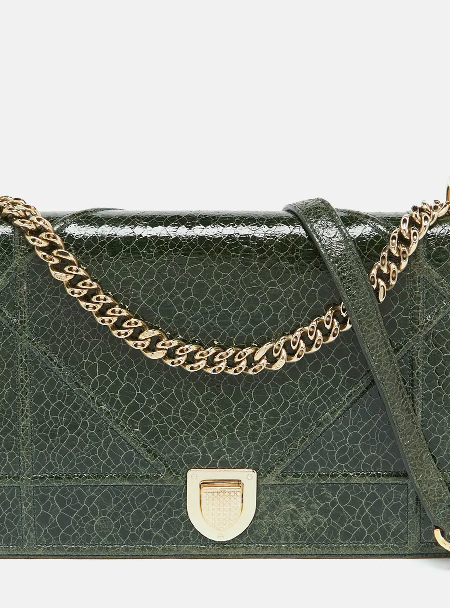 Dior Green Crackle Leather Large Diorama Flap Shoulder Bag