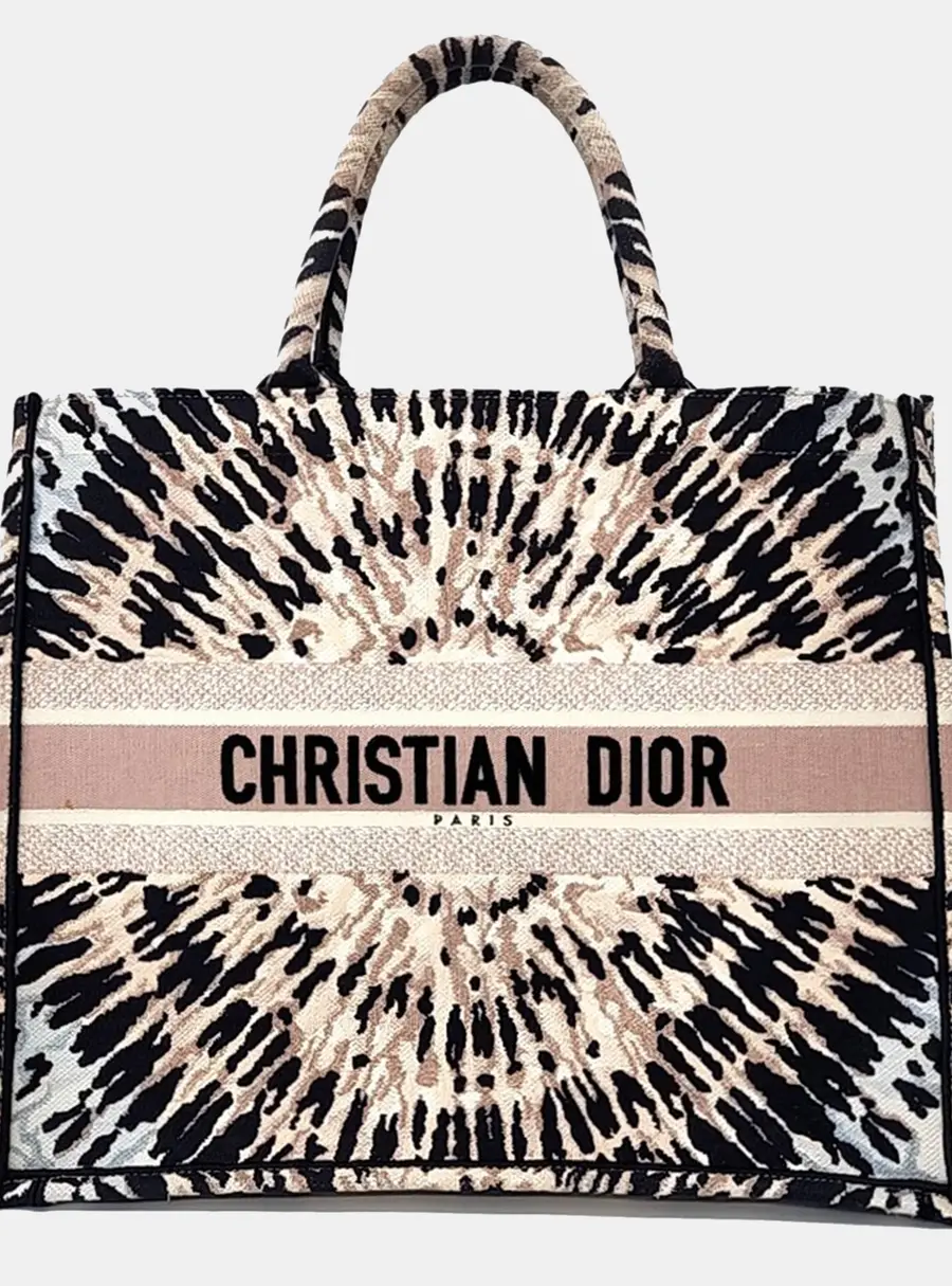 Christian Dior Book Tote Large Pink Beige Black Embroidered Canvas Tote Bag