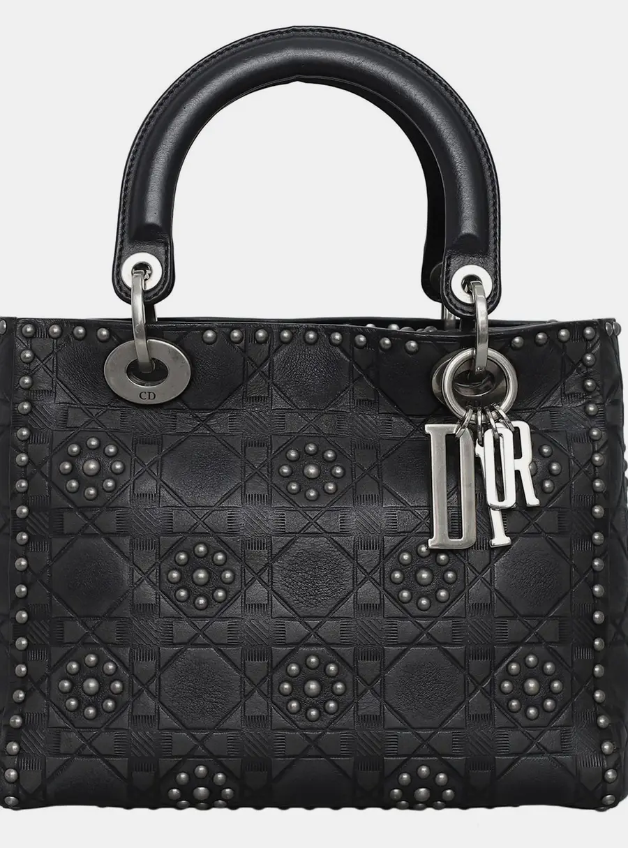 Christian Dior Lady Dior Medium Black Calfskin Leather Top Handle Bag