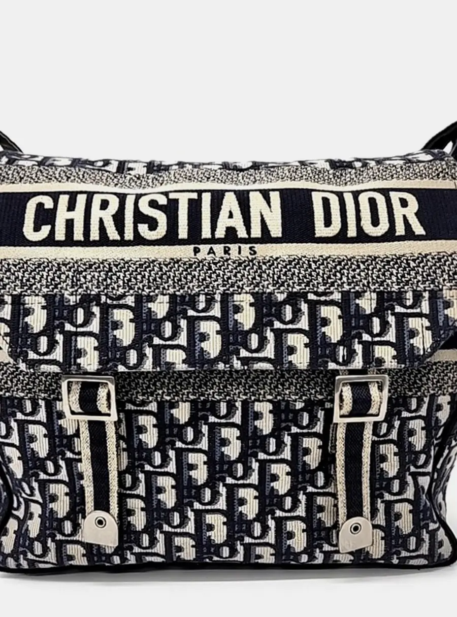 Dior Beige Navy Blue Canvas Oblique Diorcamp Messenger Bag