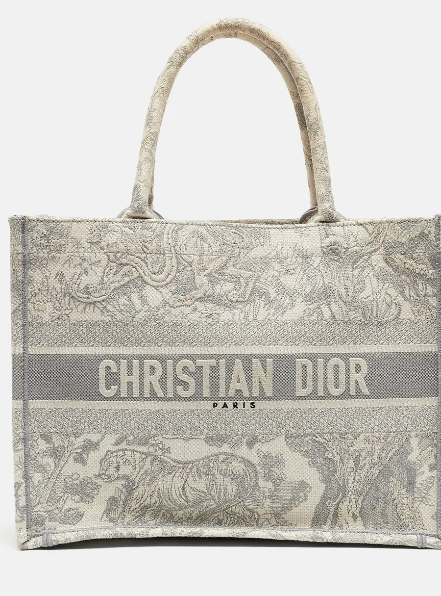 Dior Grey/White Embroidered Toile de Jouy Canvas Medium Book Tote
