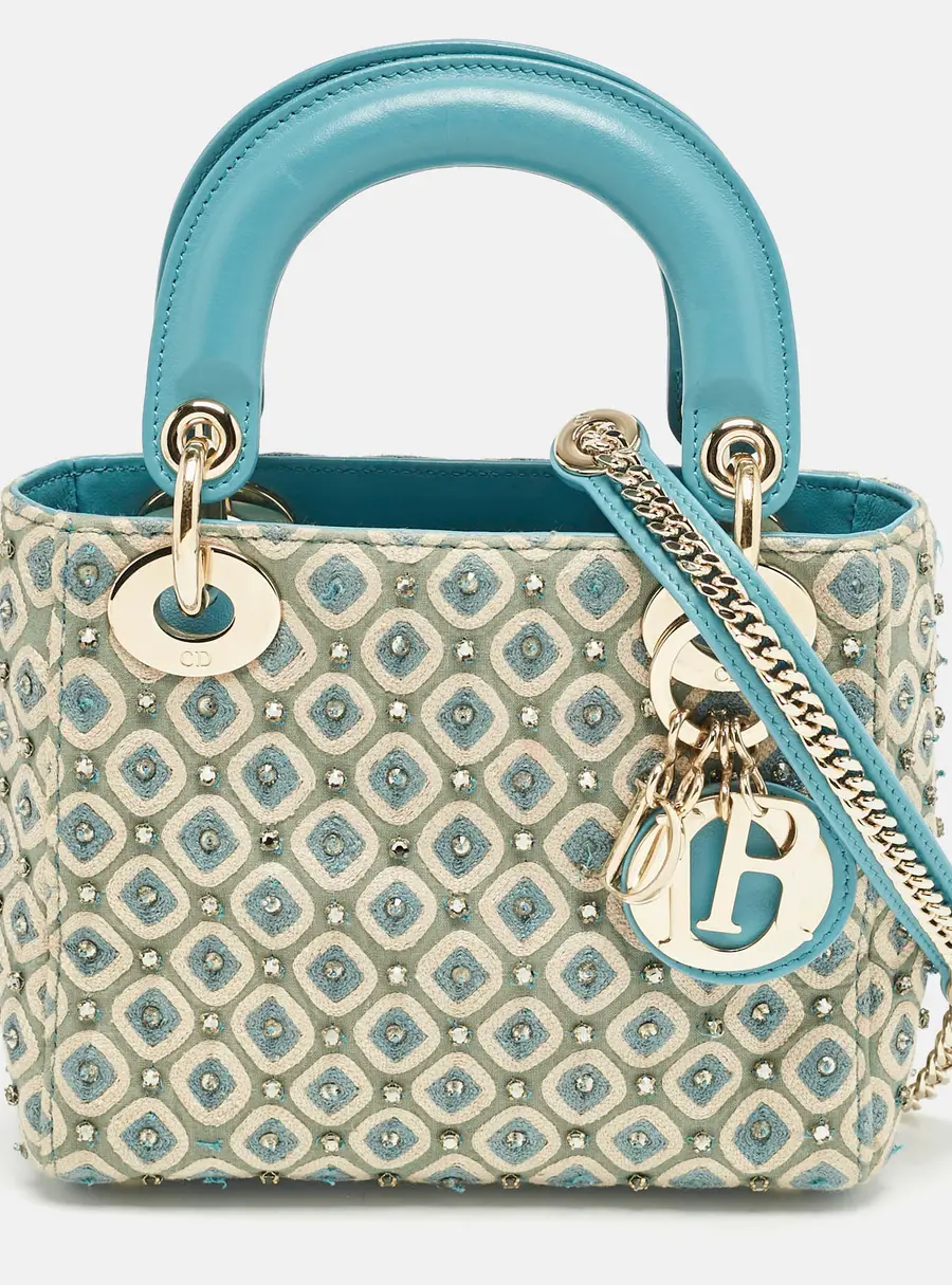 Dior Lady Dior XS Blue Crystals, Fabric and Leather Tote Bag