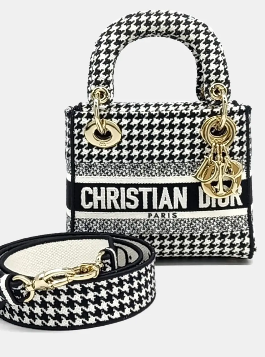 Dior Lady D-Lite Mini Black White Houndstooth Canvas Top Handle Bag