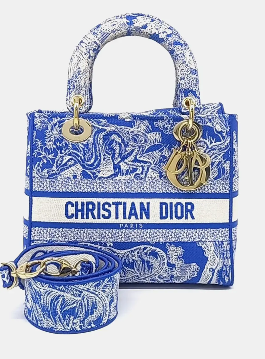 Christian Dior D-Lite Medium Blue White Embroidered Canvas Top Handle Bag