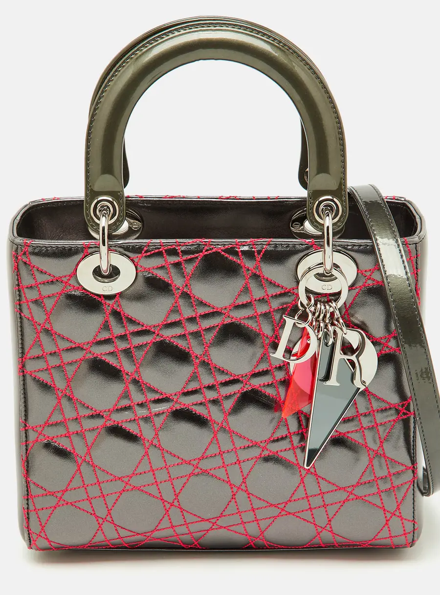 Dior Lady Dior Medium Grey Leather and Patent Leather Tote Bag