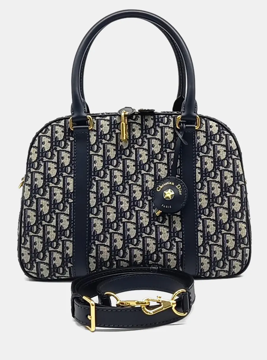 Dior D-Vibe Bowling Blue Oblique Canvas Calfskin Leather Shoulder Bag