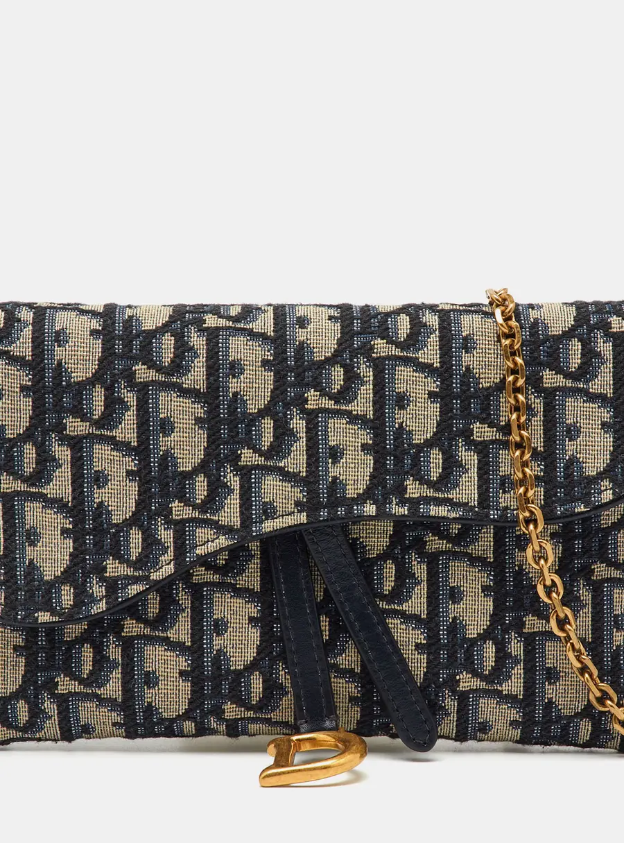 Dior Navy Blue Oblique Canvas and Leather Saddle Wallet On Chain