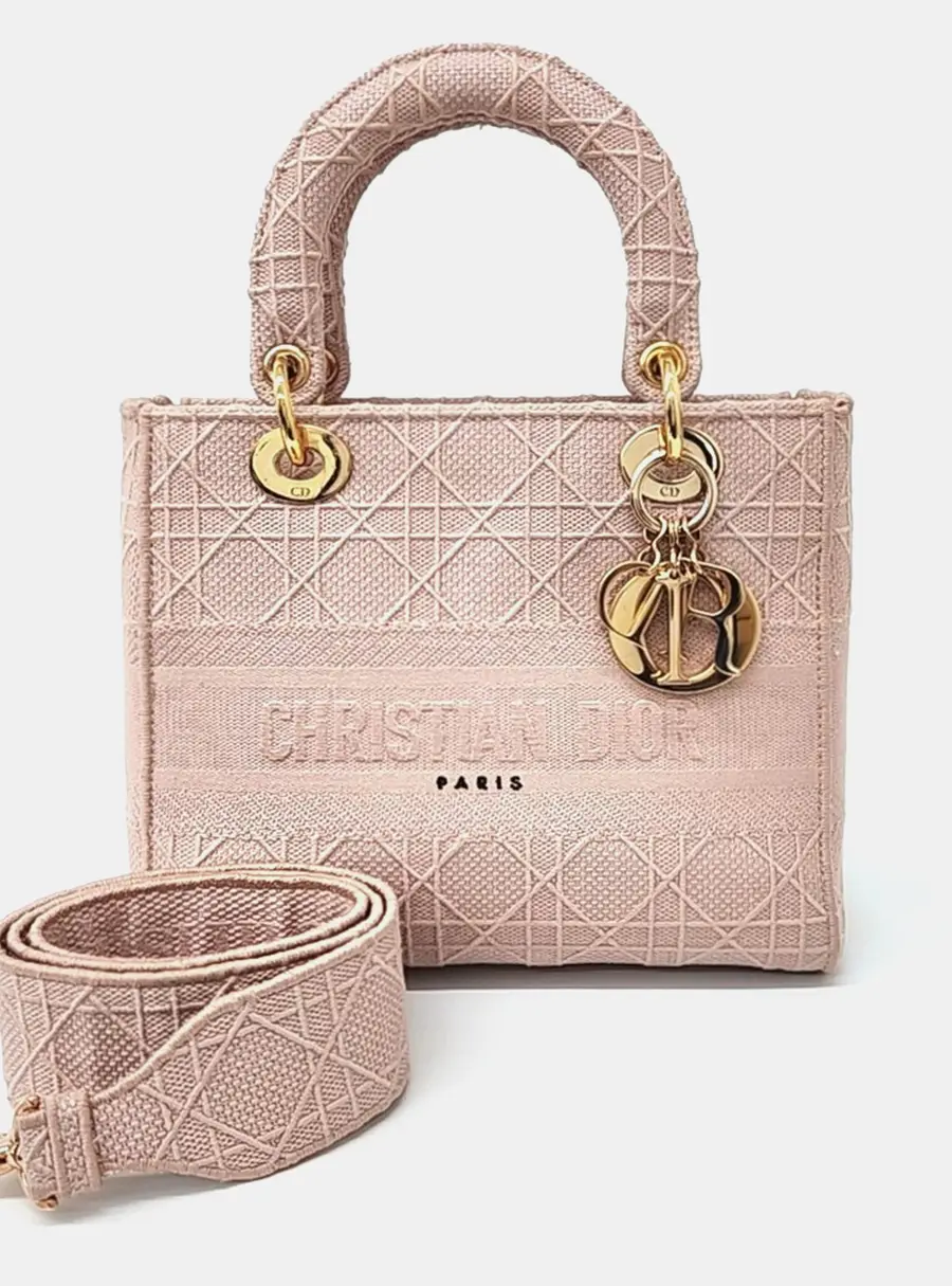 Dior Lady D-Lite Medium Pink Fabric Top Handle Bag