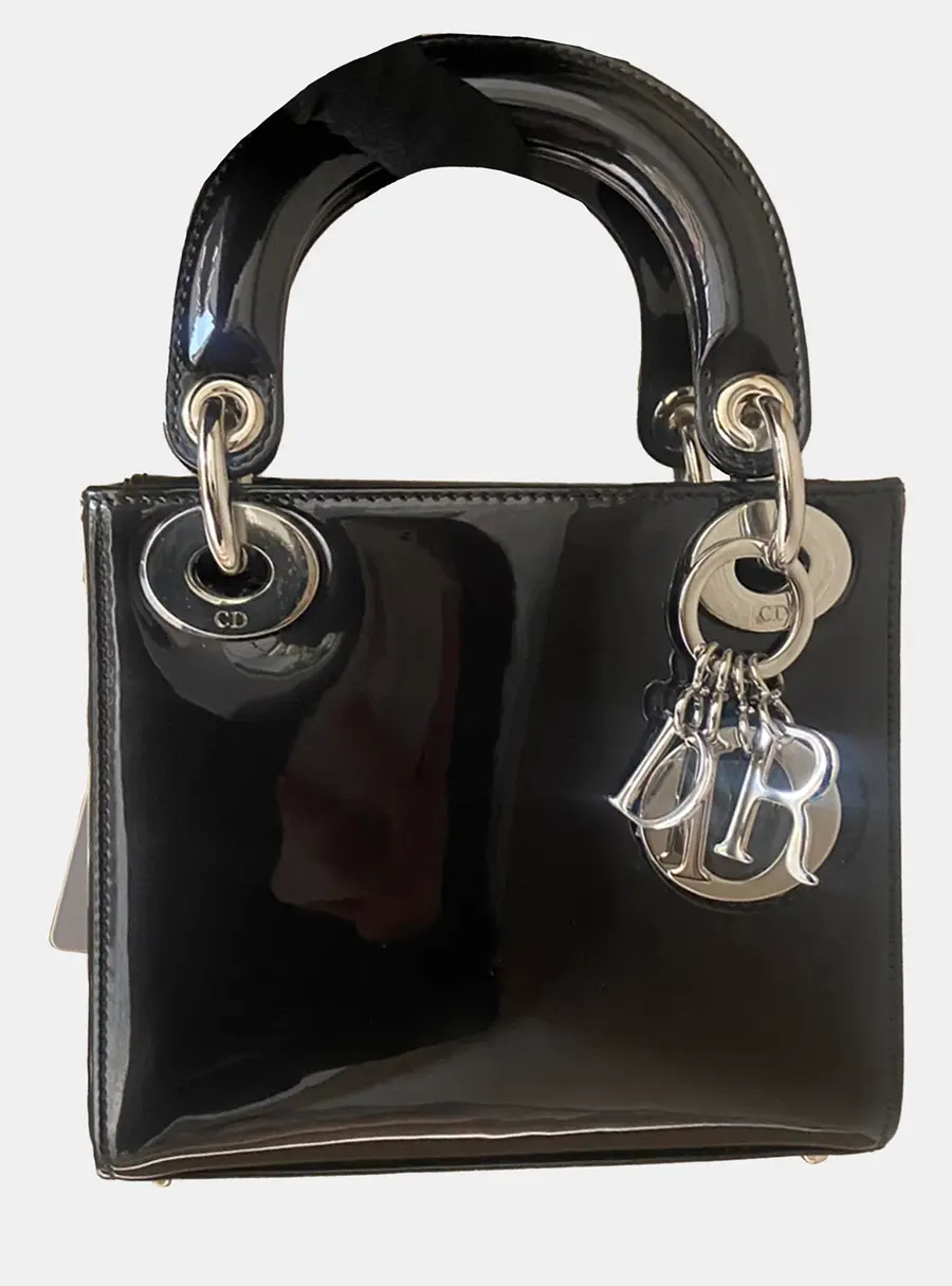 Dior Lady Dior Mini Black Patent Leather Top Handle Bag