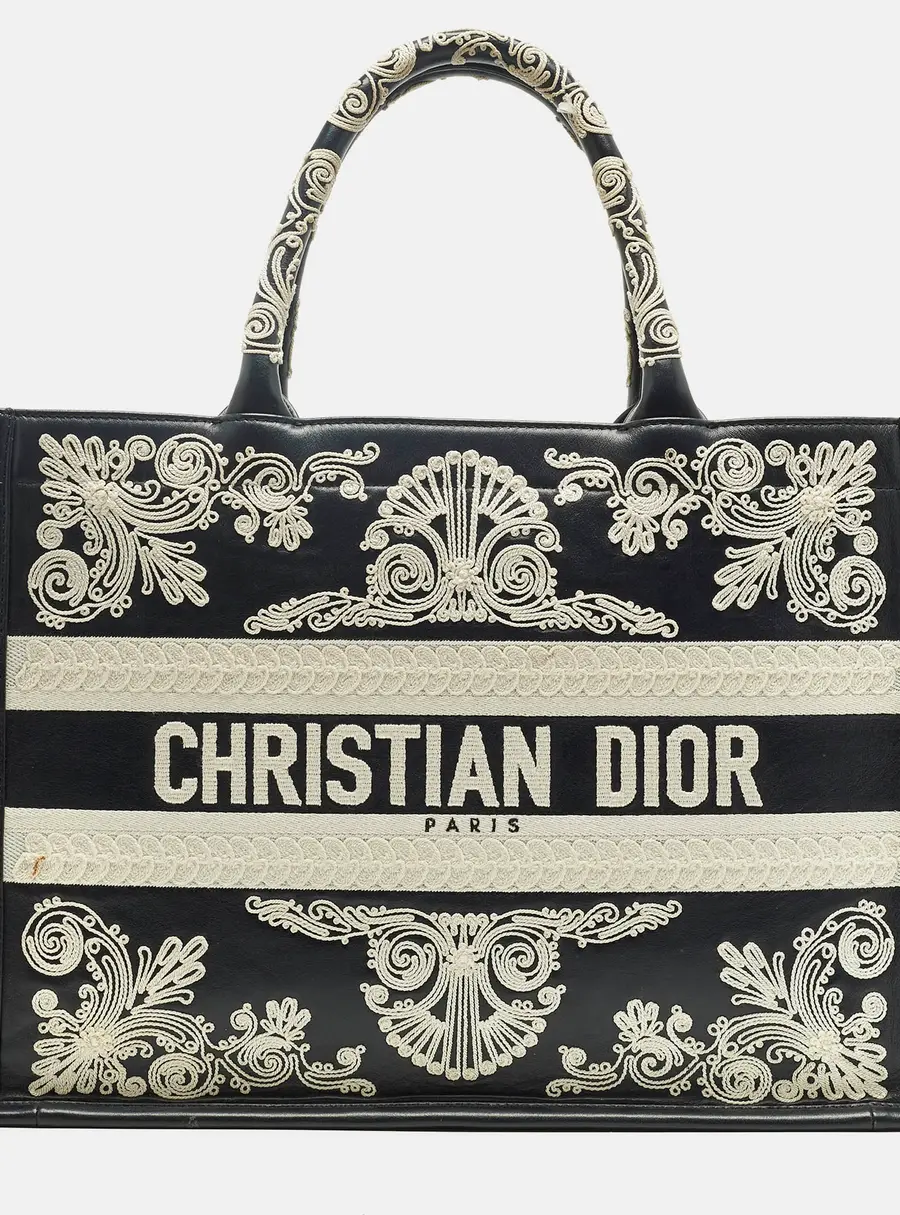 Dior Navy Blue/White Leather Embroidered Medium Book Tote
