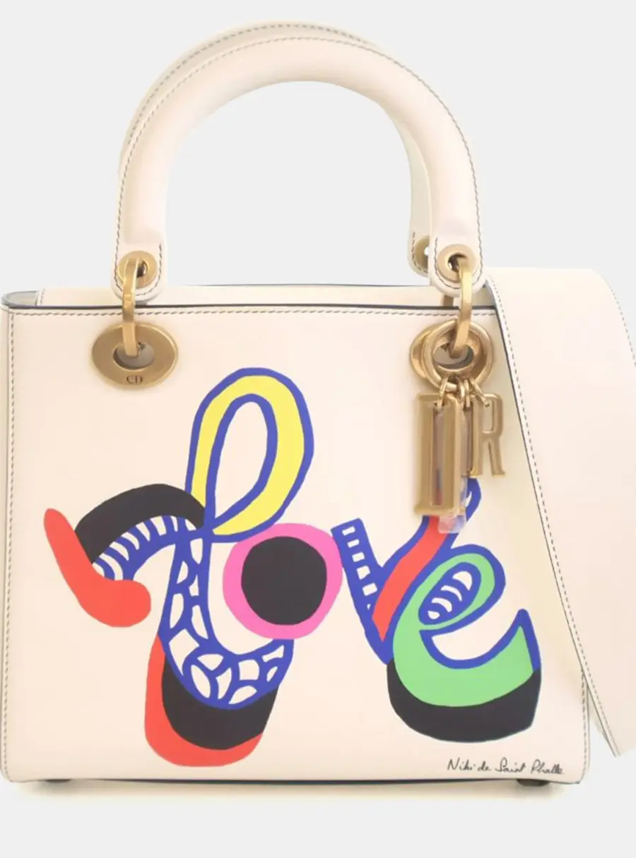 Dior Lady Dior Medium Multicolor Printed Love Calfskin Leather Top Handle Bag