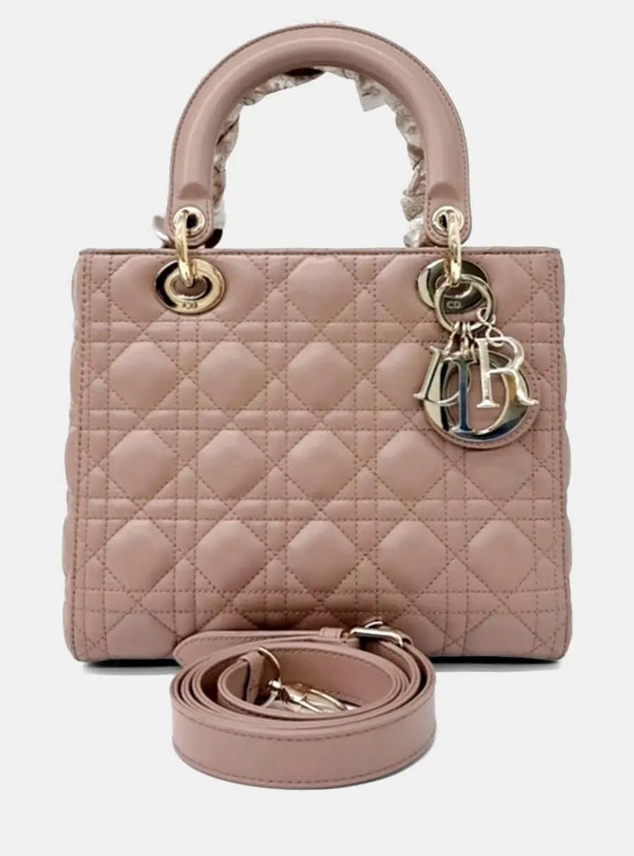 Dior Lady Dior Medium Pink Lambskin Leather Top Handle Bag
