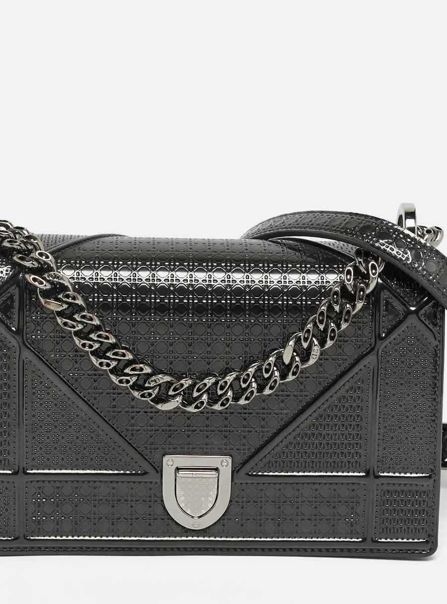 Dior Diorama Small Dark Grey Microcannage Patent Leather Flap Bag