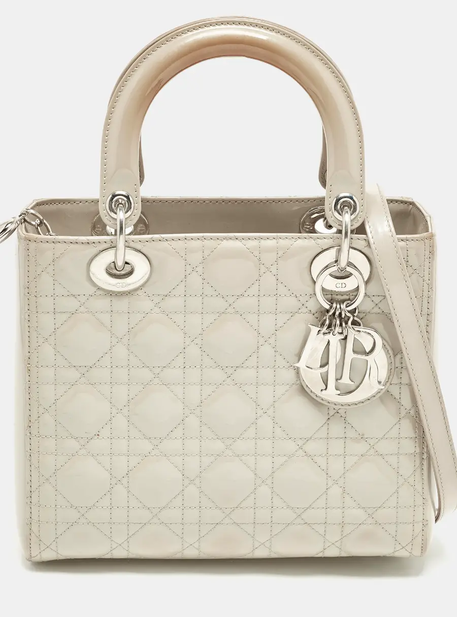 Dior Lady Dior Medium Grey Cannage Patent Leather Tote