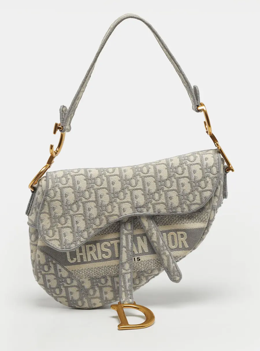 Dior Saddle Grey/Off White Oblique Embroidered Canvas Shoulder Bag