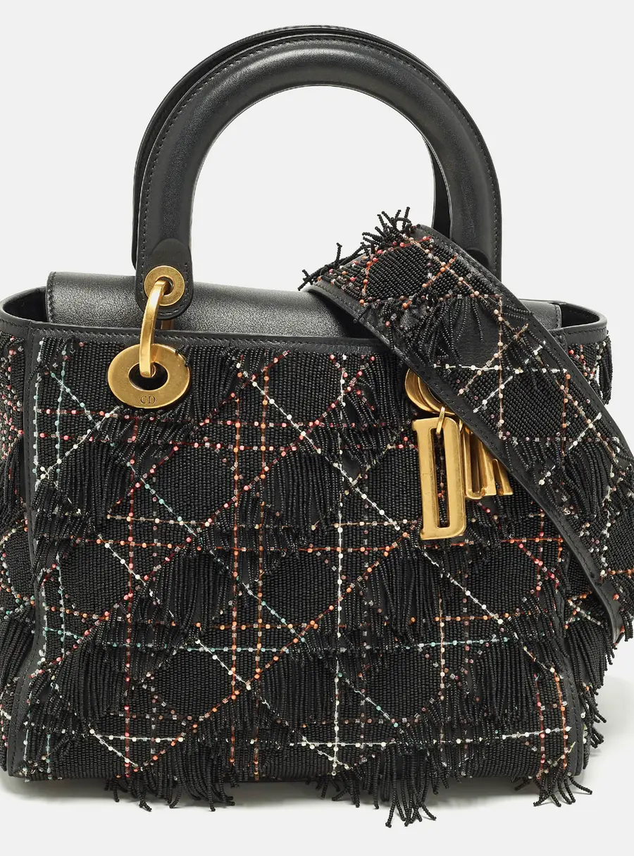 Dior Beaded Fringe Lady Dior Medium Black Cannage Leather Tote