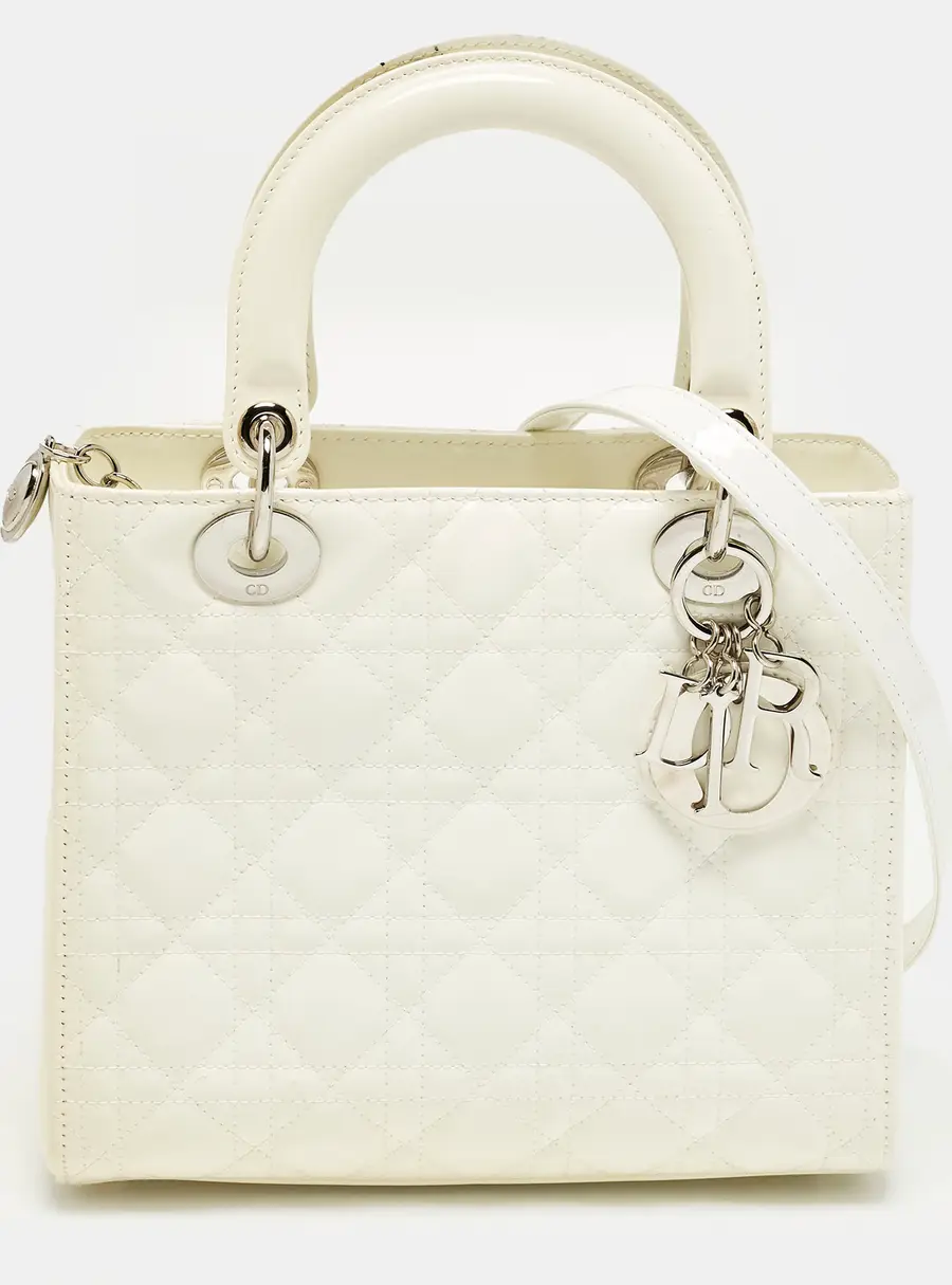 Dior Lady Dior Medium Off White Cannage Patent Leather Tote