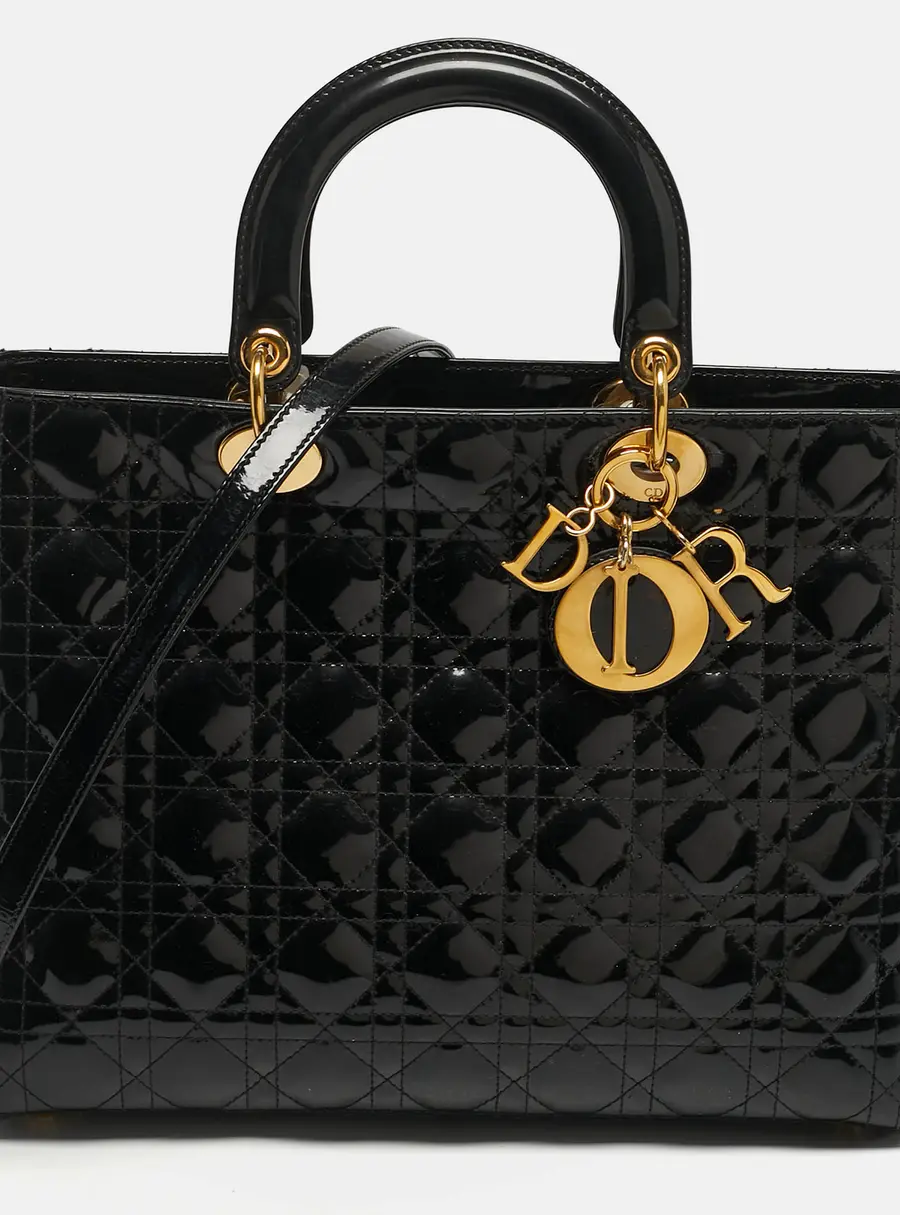 Dior Lady Dior Large Black Cannage Patent Leather Tote