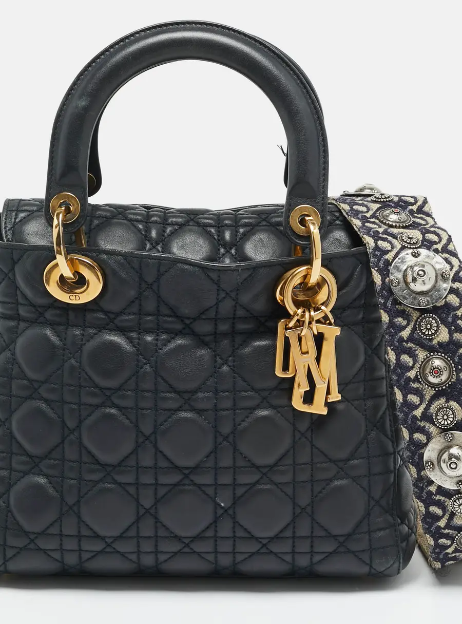 Dior Supple Lady Dior Medium Navy Blue Cannage Leather Tote
