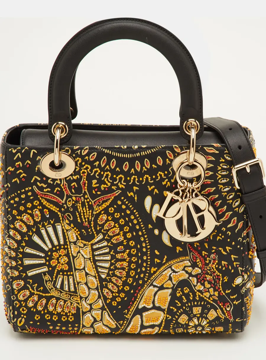 Dior Lady Dior Medium Black Leather Animals Embroidered Tote