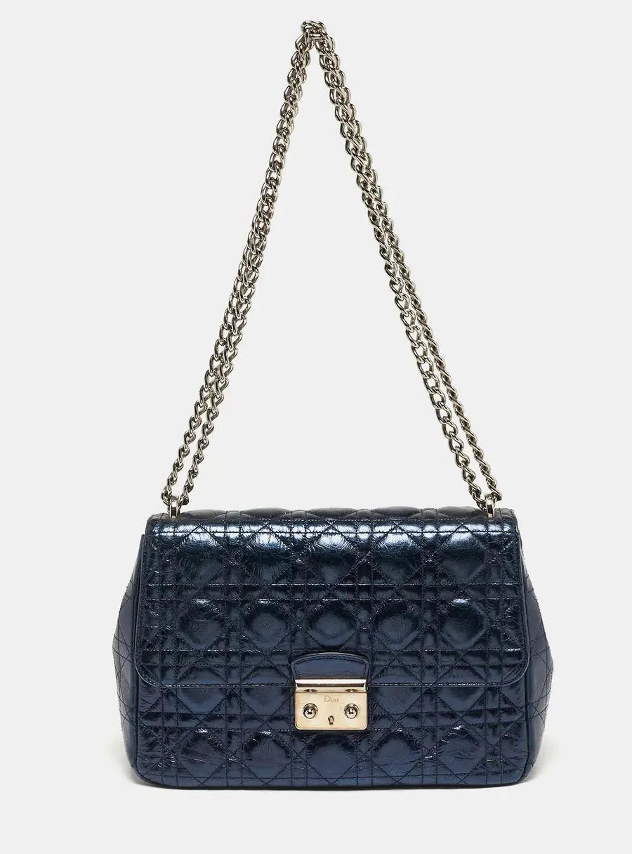 Dior Miss Dior Chain Metallic Blue Cannage Aged Leather Flap Bag