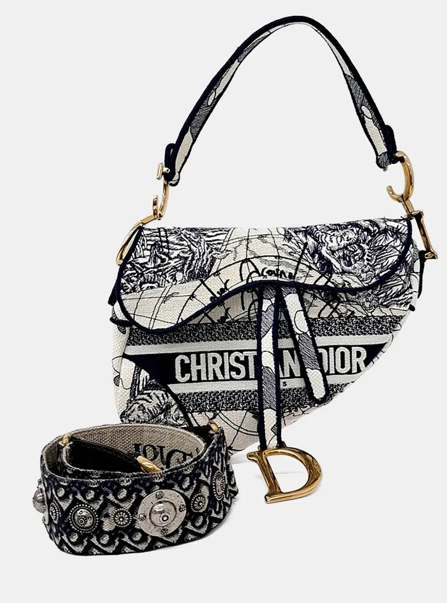 Dior Saddle Small Blue Multicolor Fabric Top Handle Bag