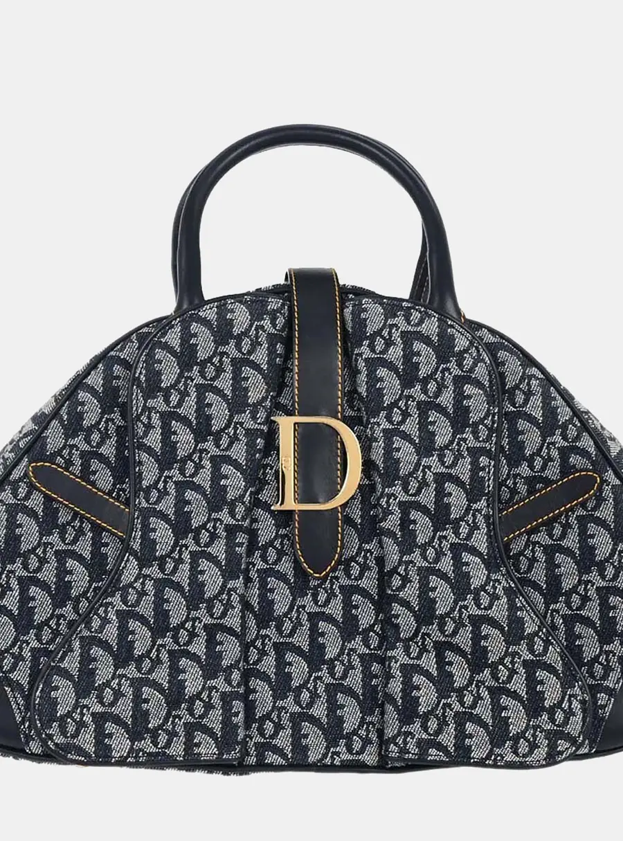 Christian Dior Double Saddle Navy Oblique Canvas Leather Top Handle Bag