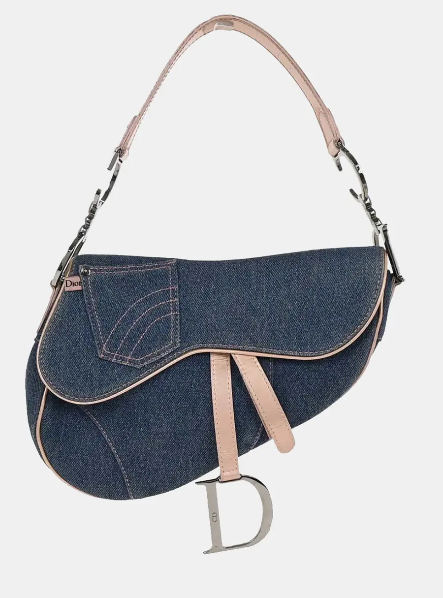 Christian Dior Saddle Navy Blue Denim Leather Satchel Bag
