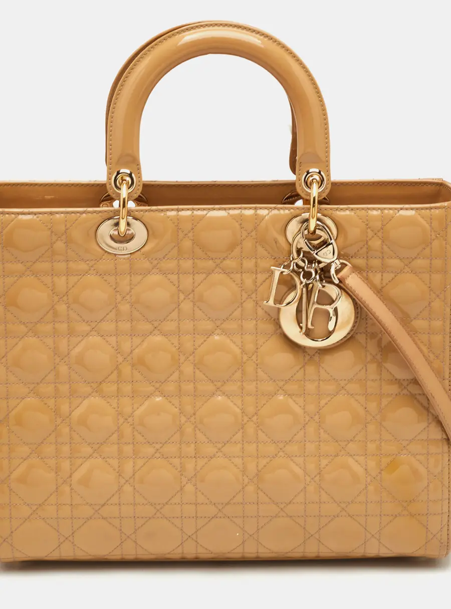 Dior Lady Dior Large Beige Cannage Patent Leather Tote
