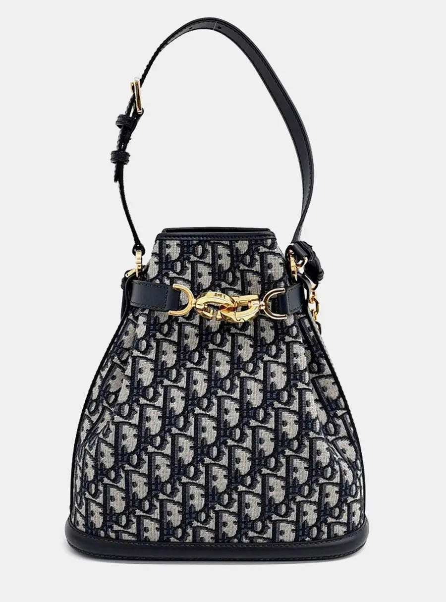 Christian Dior Oblique Se Dior Medium Navy Blue Beige Oblique Canvas Calfskin Leather Bucket Bag