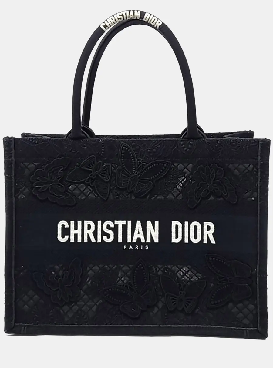 Christian Dior Book Tote 36 Black Canvas Embroidered Flowers And Butterflies Tote Bag