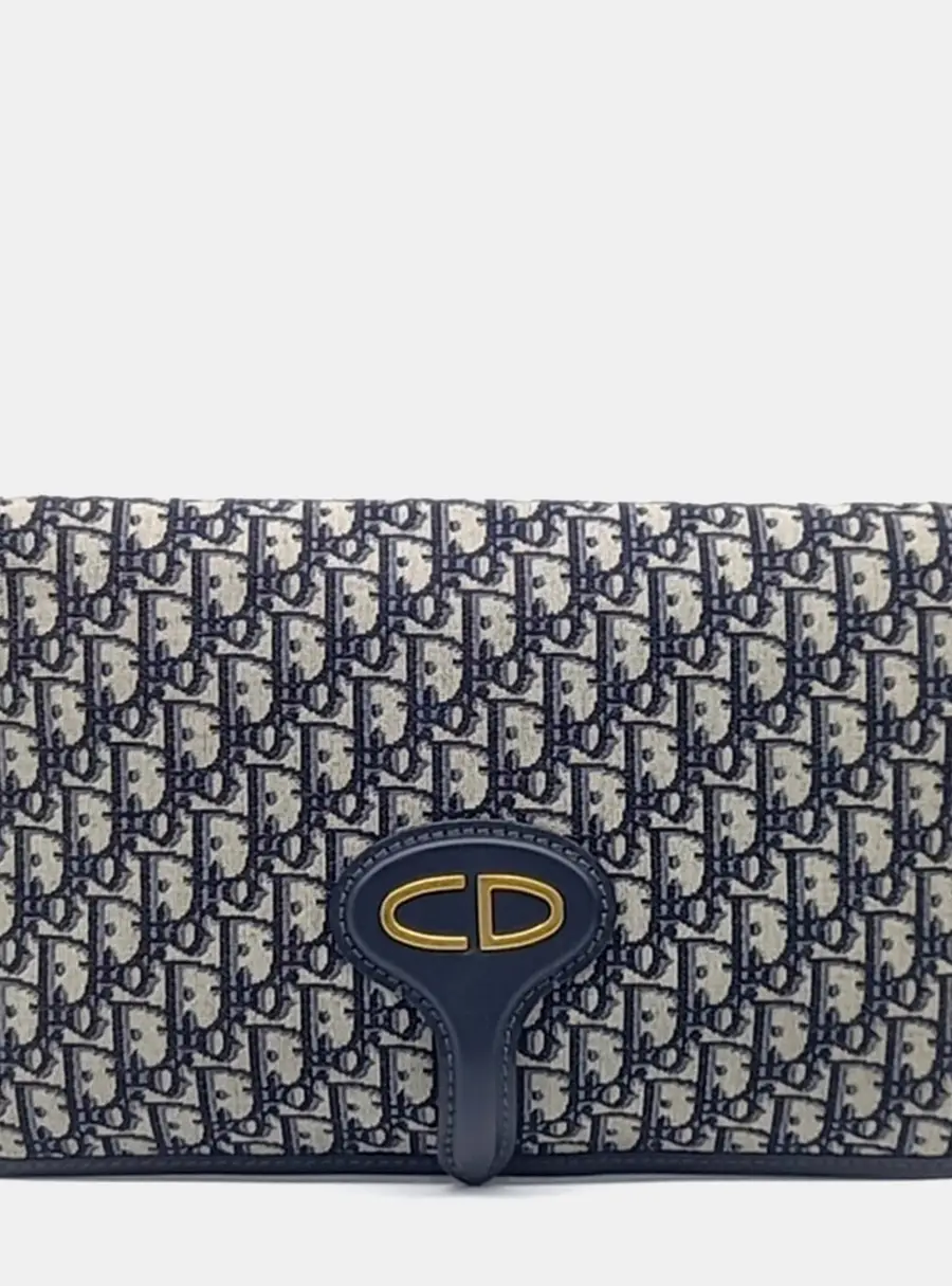 Christian Dior Oblique Beige Navy Blue Canvas Folding Clutch Bag