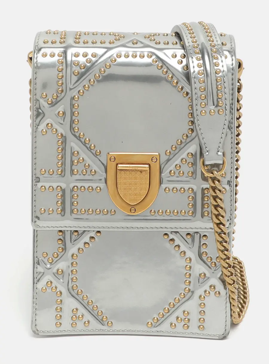 Dior Diorama Silver Studded Leather Vertical Chain Clutch