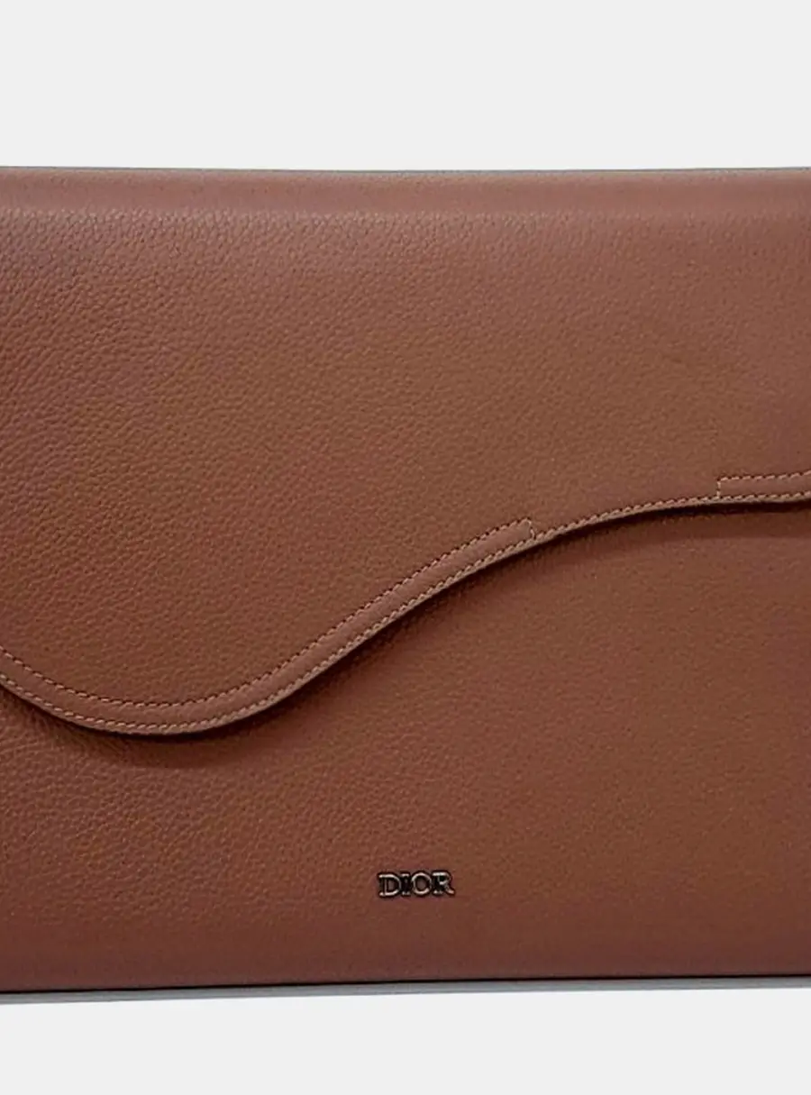Dior Saddle Brown Grained Calfskin Leather Tablet Holder Bag