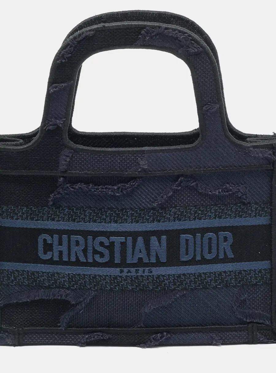 Dior Book Mini Navy Blue Embroidered Logo Canvas Tote