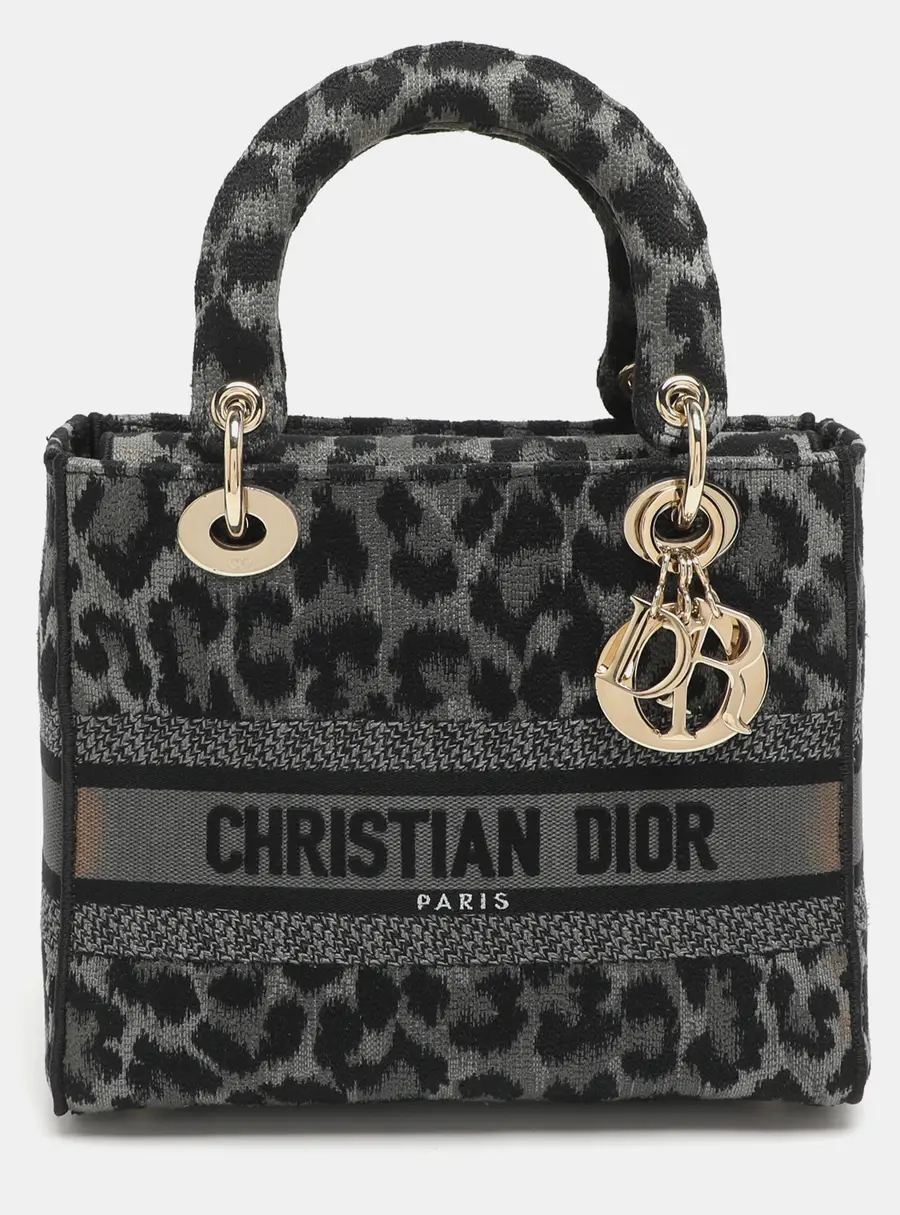 Dior Lady D-Lite Medium Grey Leopard Print Canvas Tote