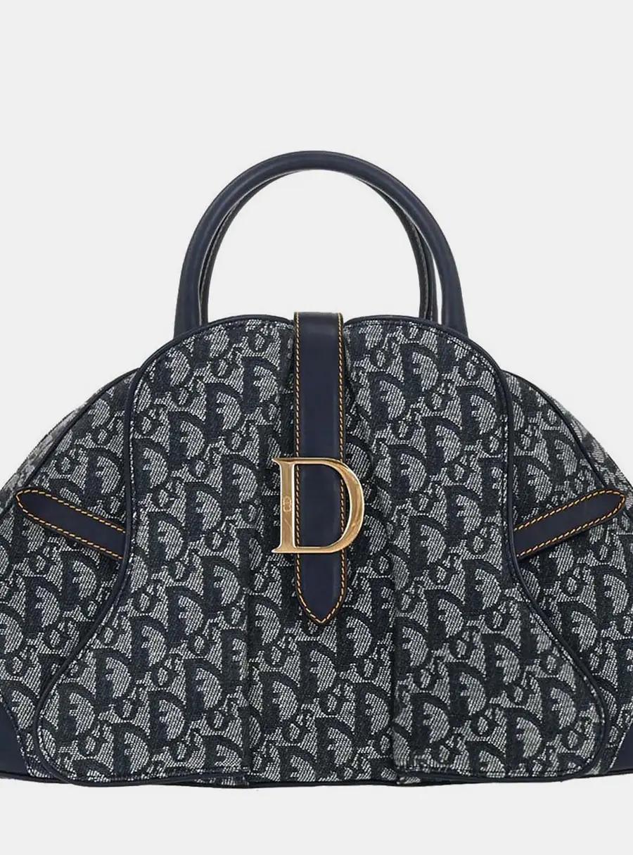 Christian Dior Double Saddle Blue Oblique Canvas Leather Top Handle Bag