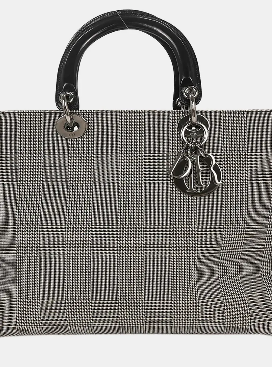 Christian Dior Lady Dior Houndstooth Black Canvas Top Handle Bag