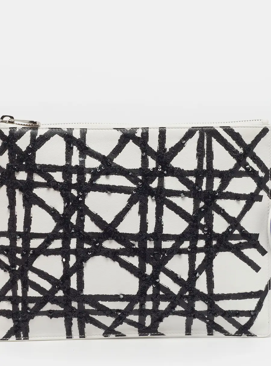Dior x Daniel Gordon Limited Edition Zip Art White/Black Cannage Sequins and Leather Pouch