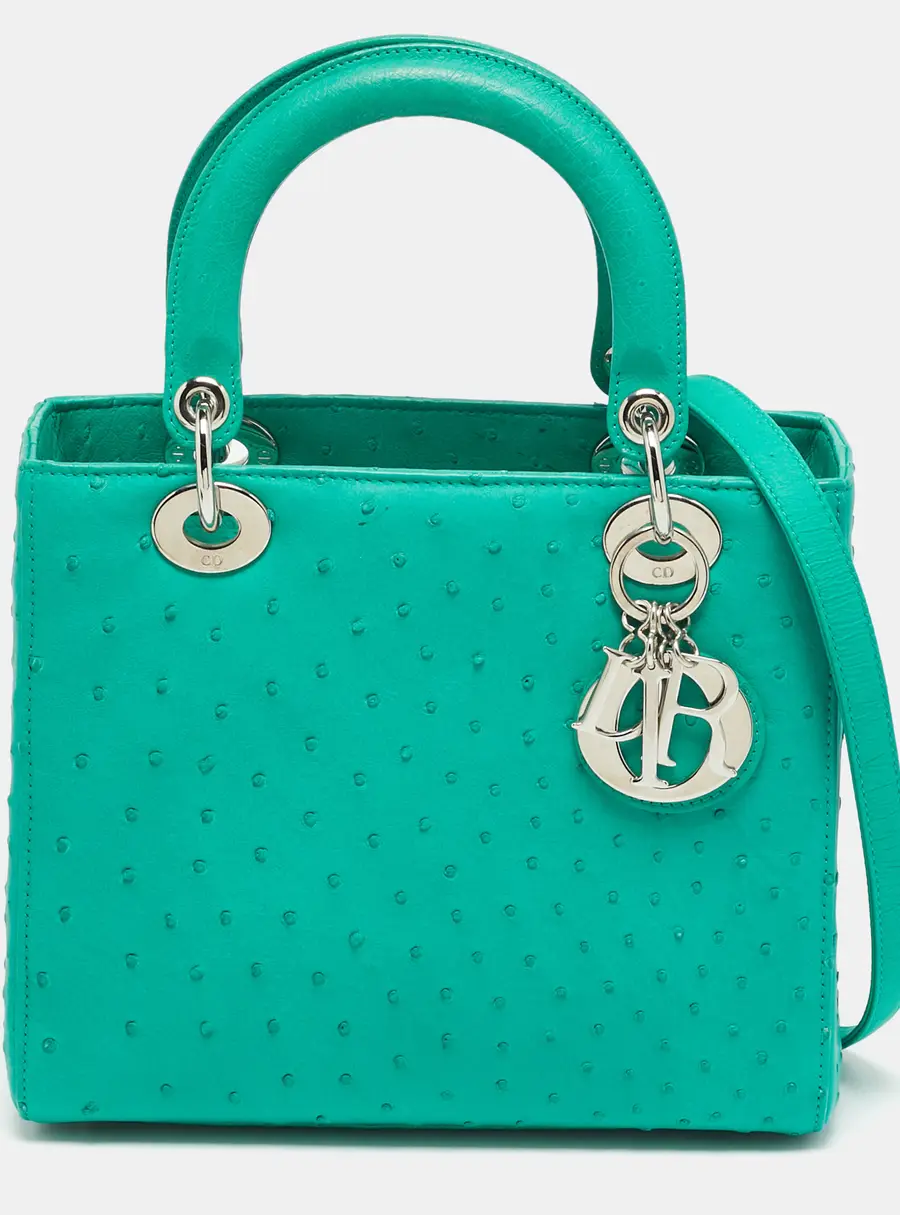 Dior Lady Dior Medium Green Ostrich Leather Tote
