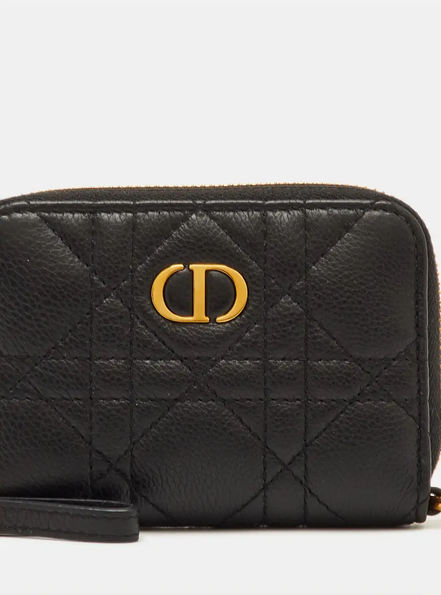 Dior Caro Black Cannage Leather Zip Compact Wallet