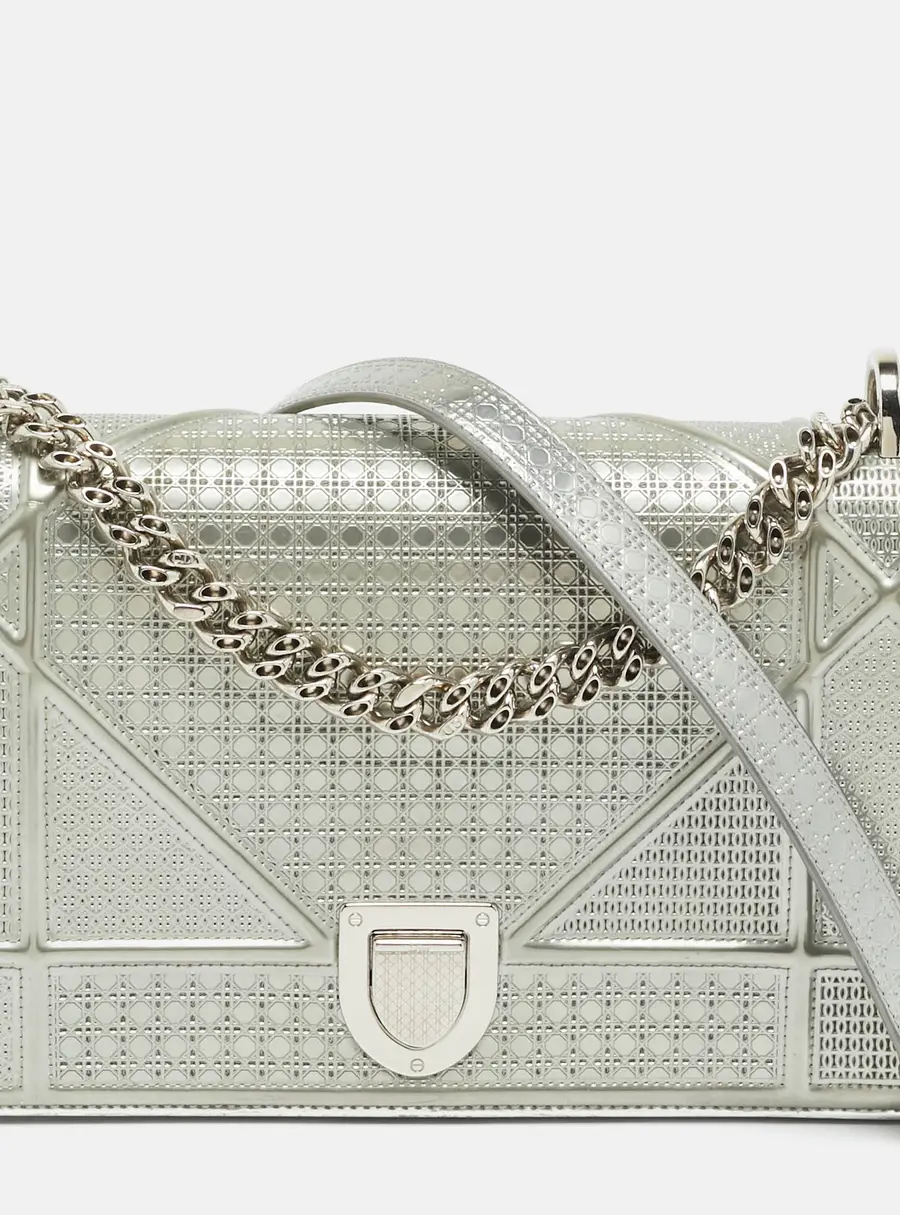 Dior Diorama Medium Silver Microcannage Patent Leather Shoulder Bag
