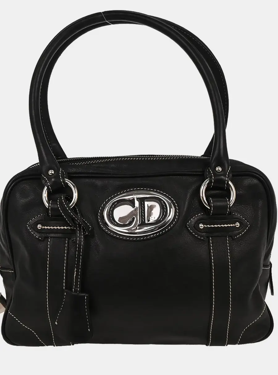 Christian Dior CD Logos Plate Black Leather Top Handle Bag