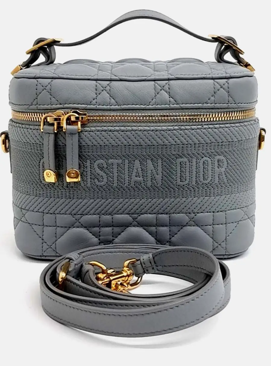 Christian Dior Travel Vanity Small Gray Cannage Lambskin Leather Top Handle Bag