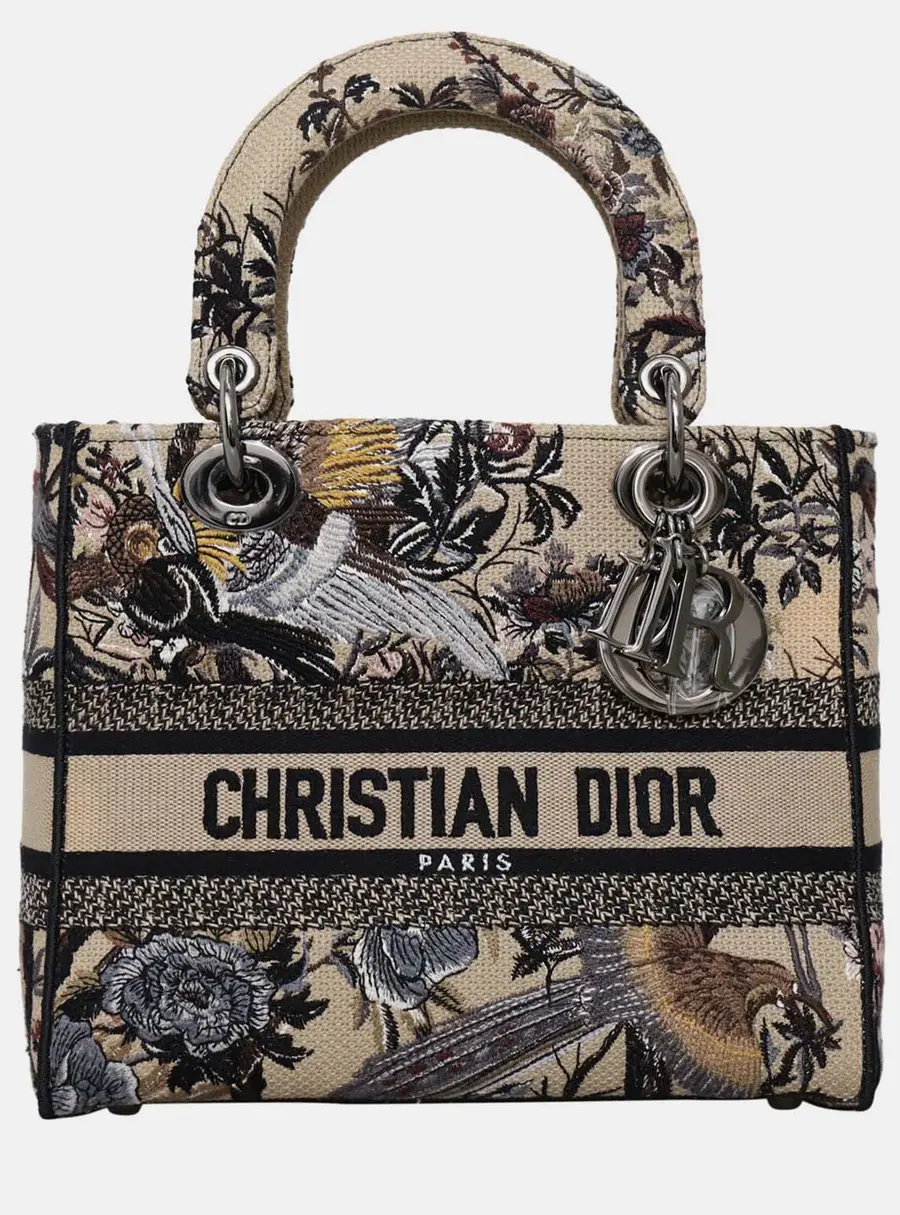 Christian Dior Lady D-Lite Medium Beige Multicolor Embroidered Canvas Top Handle Bag